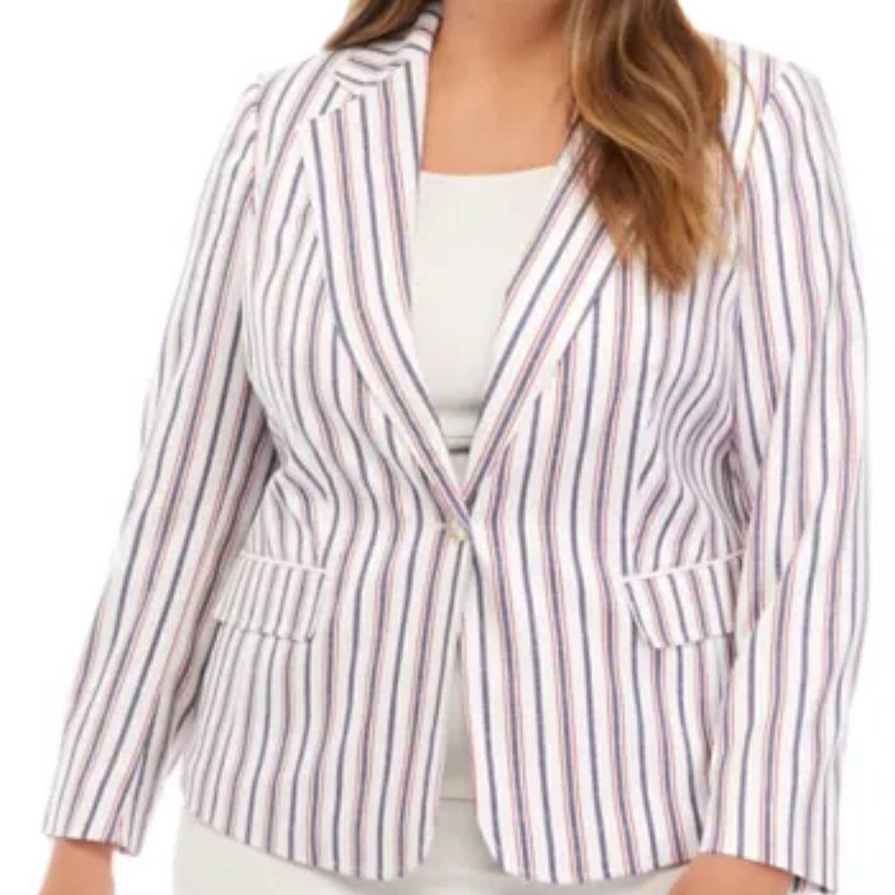NWT JONES NEW YORK Long Sleeve Faux Double Breasted White Striped Blazer Jacket